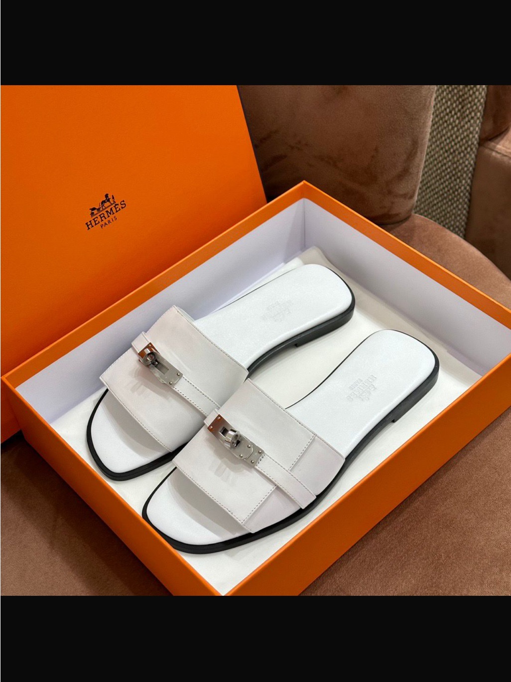 White Leather Slide Sandals With Silver Buckle
